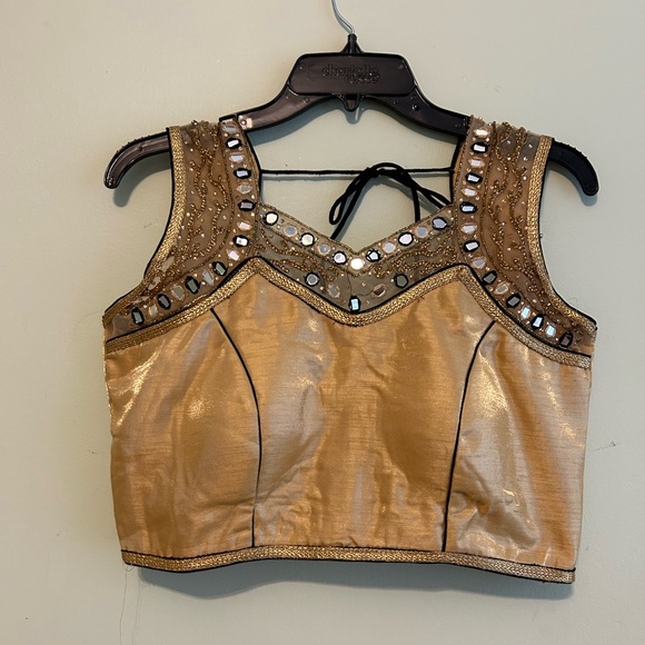 Gold Sari Lengha Blouse | mirror rhinestone embellishment - Picture 1 of 5